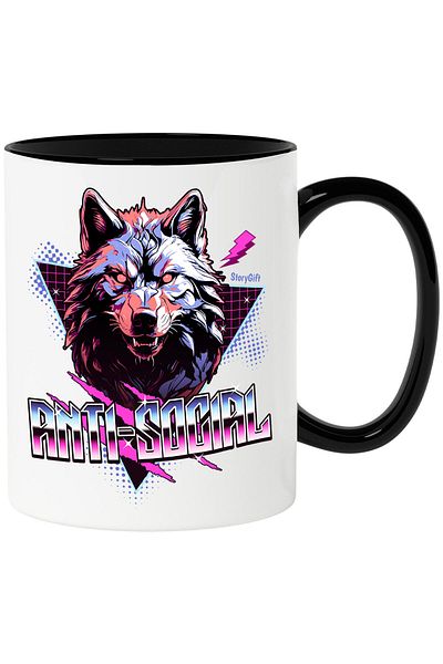 StoryGift Romania Cana Cu Portret Animal Lup Furios Cu Colti Si Ochii Rosii Text Anti-social, Film, Cu Maner Negru Stg