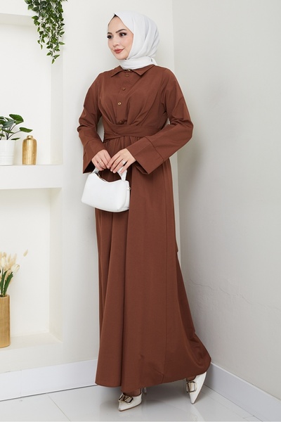 Bestenur Renda Waist Tie Dress 1467 - Bitter Brown