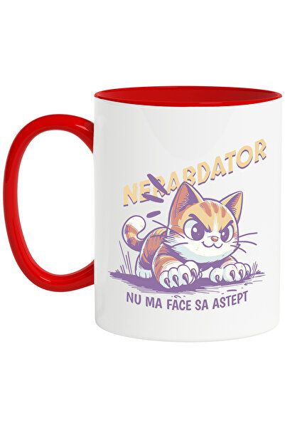 StoryGift Romania Cana Pisica Portocalie Nerabdatoare Text Haios Nu Ma Face Sa Astept Motan, 330ml, Cu Maner Rosu Stg