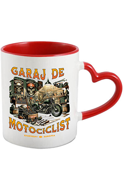 StoryGift Romania Cana Garaj De Motociclist Cranii Motor Vintige , 330ml, Ceramica Cu Maner Inima , Cu Maner Inim Stg