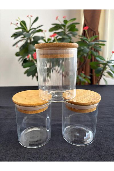 DİBA AVM 3-Piece Glass Jar with Wooden Lid Vacuum Lid Glass Spice Jar Stylish Design210 ml 6,5X8 cm