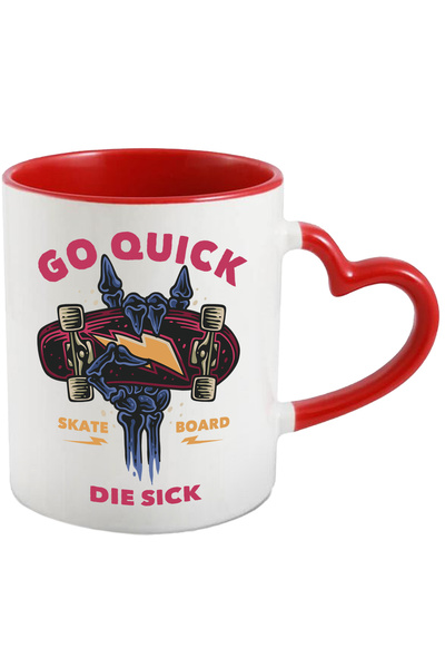 StoryGift Romania Cana Cu Mesaj In Engleza Go Quick Die Sick, Mana, Schelet, Skateboard, Multicolo, Cu Maner Inim Stg