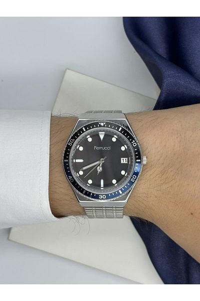 Ferrucci Silver Cord Navy Blue Case Black Dial Sport Design Mesh Cord Ferrucci Men's Wristwatch