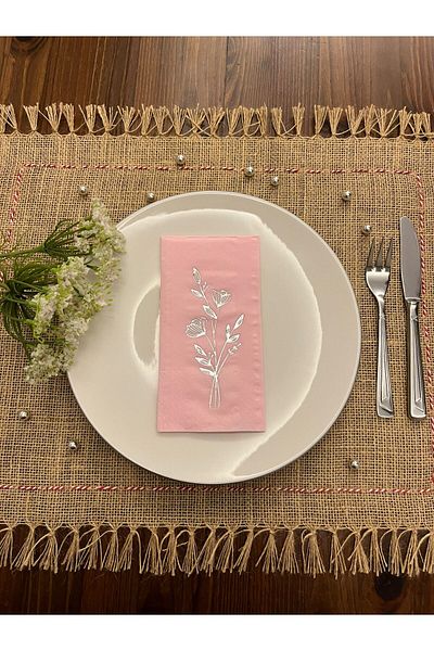 kidspartim Silver Gilded Pink Poppy Flower Printed Waiter Fold Napkin 16 Pieces