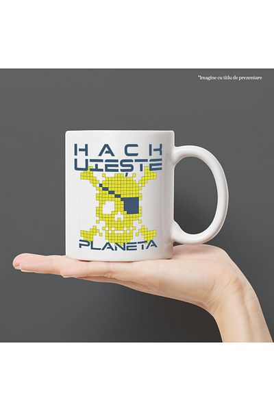 StoryGift Romania Cana craniu pirat Hackuieste Planeta lume virtuala, 330ml, Ceramic cu Maner Alb, Cu Maner Alb STG