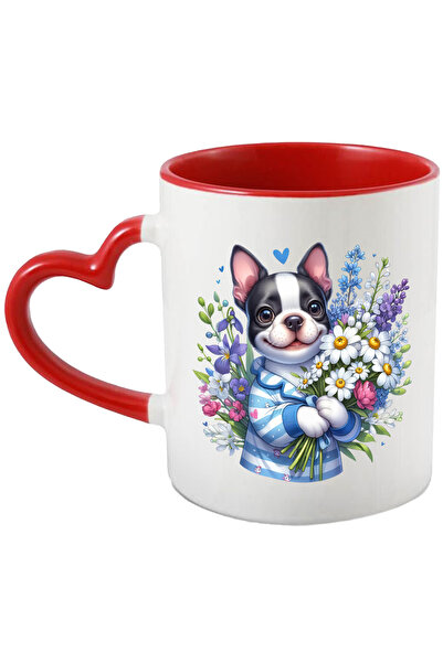 StoryGift Romania Cana cu un catel vesel care tine un buchet cu flori in brat...