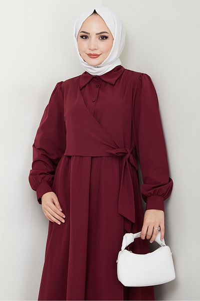 Bestenur Reyel Cross Tie Dress 1464 - Burgundy