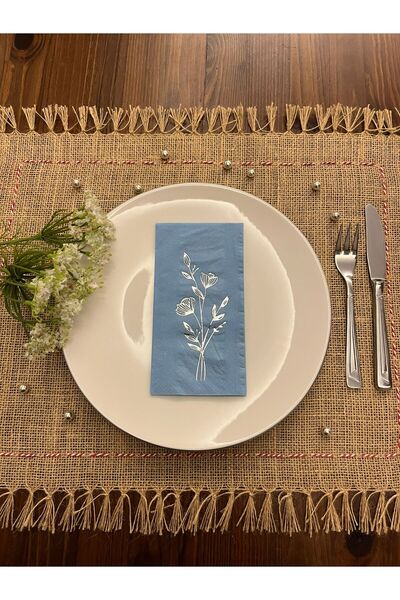 kidspartim Gümüş Yaldızlı Mavi Gelincik Çiçeği Baskılı Garson Katlama Peçete ...