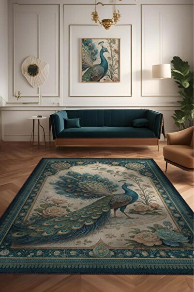 Noah's Ark Collection Peacock Themed Floral Multicolored Border Stylish Concept Rug