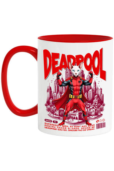 StoryGift Romania Cana Cu Sphynx Pisica In Costum De Deadpool Cu Pelerina, Erou Nocturn, Desene An, Cu Maner Rosu Stg