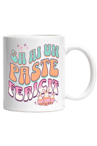 StoryGift Romania Cana Cu Oua Colorate Cu Iepuri Albi, Design Multicolor Text Sa Ai Un Paste Feric, Cu Maner Alb Stg