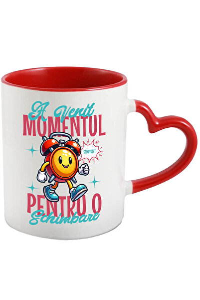 StoryGift Romania Cana Cu Ceas Mecanic Galben Zambitor Text A Venit Momentul Pentru O Schimbare, C, Cu Maner Inim Stg