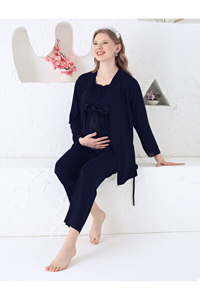 JENİKA Σετ πιτζάμες 3 τεμαχίων με μακρυμάνικο φόρεμα εγκυμοσύνης με δαντέλα κ...