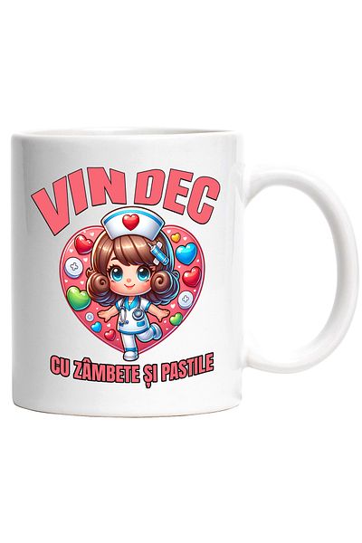 StoryGift Romania Cana Fata Doctorita Vesela Text Vindec Cu Zambete Si Pastile, 330ml, Ceramic Cu , Cu Maner Alb Stg