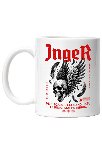 StoryGift Romania Cana Cu Craniu Uman Aripi Negre Text Inger De Fiere Data Cazi Te Ridici Mai Pute, Cu Maner Alb Stg