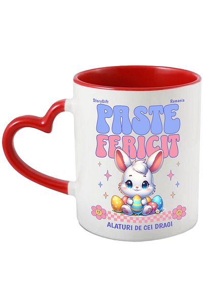 StoryGift Romania Cana Cu Iepure Alb Copii Cu Oua Colorate Pascal Flori, Stele Text Paste Fericit , Cu Maner Inim Stg