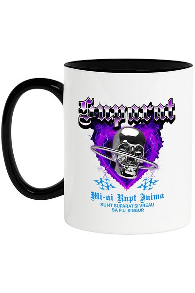 StoryGift Romania Cana Cu Cap De Craniu Din Metal Text Suparat Mi-ai Rupt Inima Sunt Suparat Si V, Cu Maner Negru Stg
