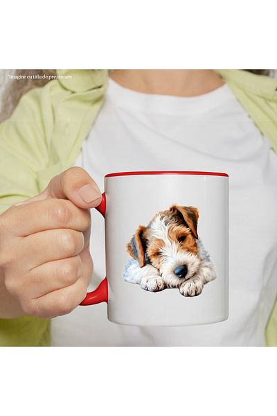 StoryGift Romania Mug with a tired furry puppy | illustration | almost asleep | out of energy, With,STG.