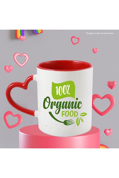 StoryGift Romania Cana Cu Mesaj In Engleza 100% Organic Food, Frunze, Picatura, Mancare, Furculita, Cu Maner Inim Stg