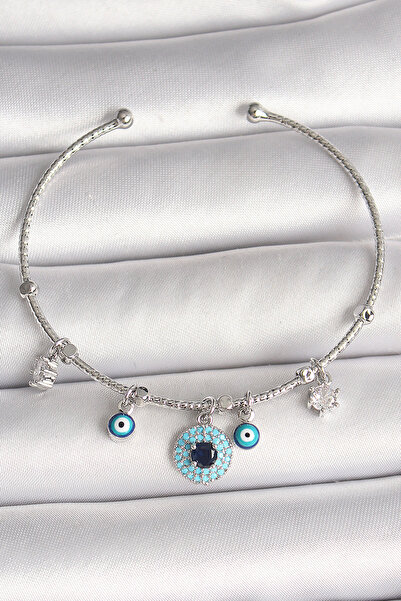 TJ Brass Silver Color Dangle Zircon Stone Evil Eye Bead Figure Charm Women's ...