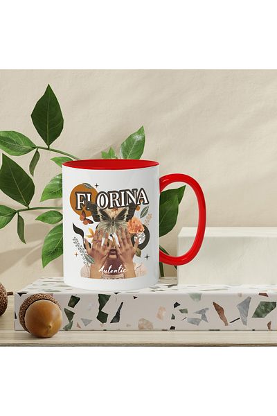 StoryGift Romania Mug With Name Florina, Collage Girl, Butterfly, Flowers, Circle, 330ml, Ceramic with Handle, With ,STG