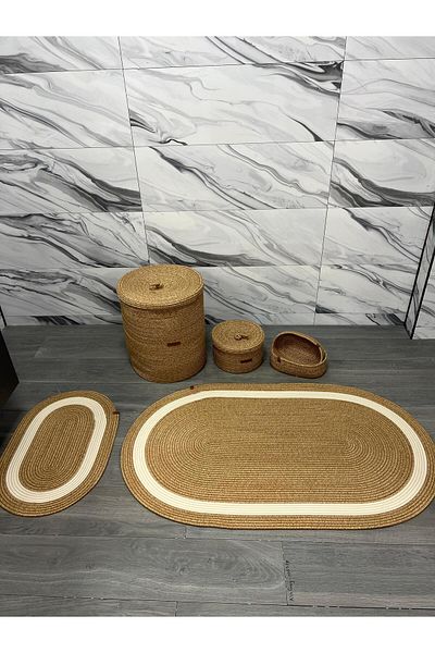 Türkmen Ev Tekstil Антрацитна юта, комплект за баня от ракита с голям размер, кош за пране 40 X 45, голяма постелка, комплект за баня