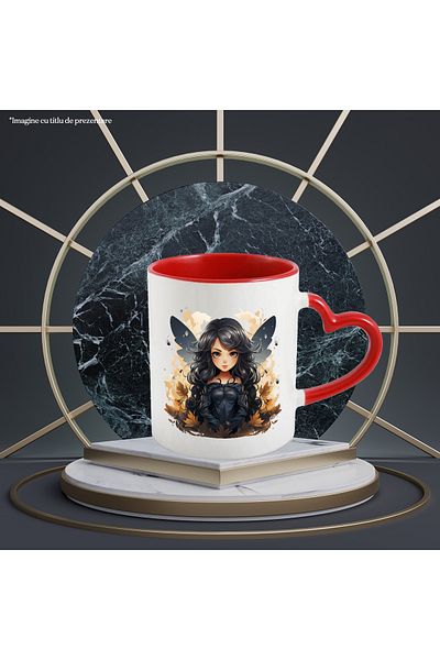 StoryGift Romania Mug with a cute girl, illustration, black wings, black dress, falling leaves,, With ,STG