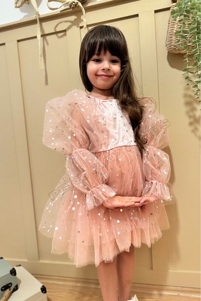penu baby kids Rochie de fetiță cu mânecă lungă cu mânecă balon din tul înstelat - pudra