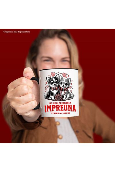 StoryGift Romania Mug with Portrait of a Couple of Dogs with Red Bows Text We Love and Stay Together, What, With, STG