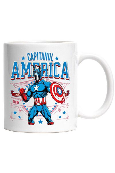 StoryGift Romania Mug with German Dog / Great Dane Dog in Captain America Costume with Cape, , With White Handle STG