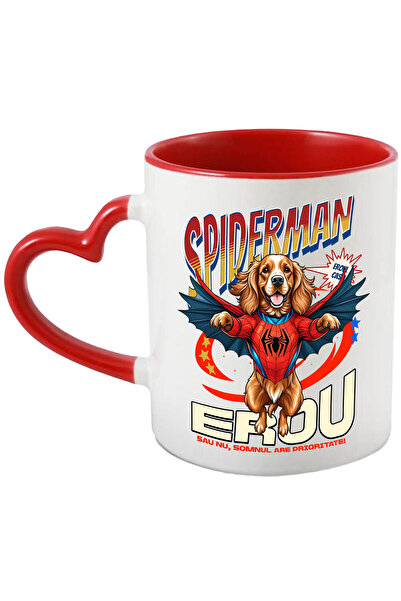 StoryGift Romania Cana Cu Cocker Spaniel / Cocker Spaniel Caine In Costum De Spiderman Cu Pelerina, Cu Maner Inim Stg