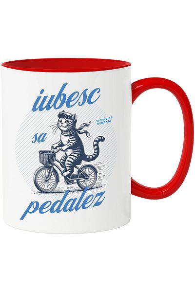StoryGift Romania Cana Iubesc Sa Pedalez Pisica Motan Pe Bicicleta, 330ml, Ceramic Cu Maner Rosu, Cu Maner Rosu Stg