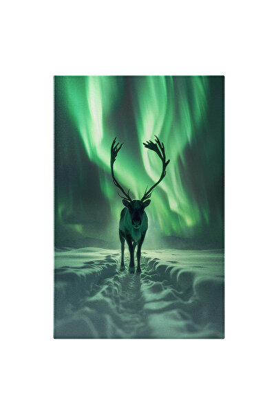 StoryGift Romania Tablou Canvas: Drum De Zăpadă Și Ren Cu Coarne Mari În Cadru Cu Aurora Boreală Verde- Norvegia