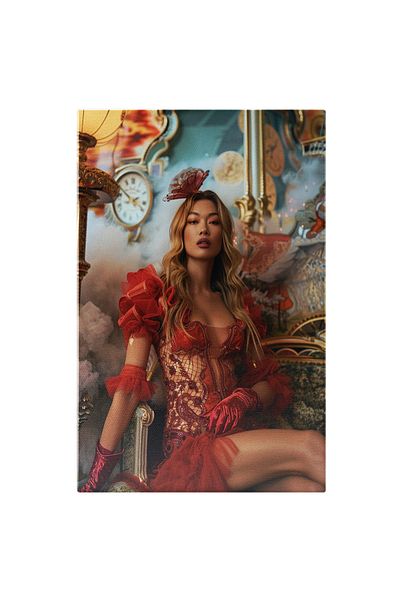 StoryGift Romania Tablou Canvas: Femeie Blondă În Costum Roșu Și Dantelă Sexy Asezată Pe Scaun- Eleganță Și Modă