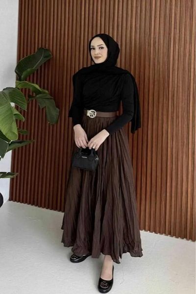 moda armanc Women's Crinkled Long Flared Hijab Skirt