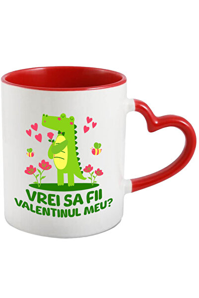 StoryGift Romania Cana Cu Crocodil Romantic Cu Trandafir Roz Si Papion Text Vrei Sa Fii Valentinul, Cu Maner Inim Stg