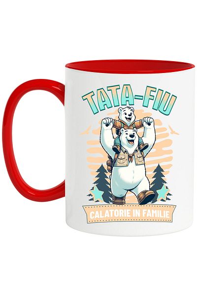 StoryGift Romania Cana cu Urs Polar Aventura Tata Si Fiu Veselie Text Calatorie In Familie Dragost, Cu Maner Rosu STG