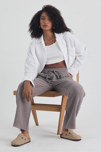 Polo State Women's Gray High Waist Wide Leg Muslin Trousers