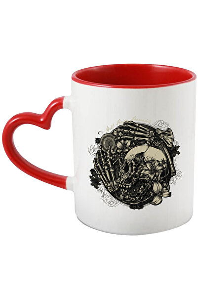 StoryGift Romania Cana Cu Craniu, Schelet, Flori, Crini, Ramura, Compas, Multicolor 330 Ml, Cerami, Cu Maner Inim Stg