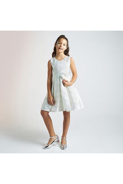 Juniors Striped Sleeveless Dress With Flower Applique And Pleats