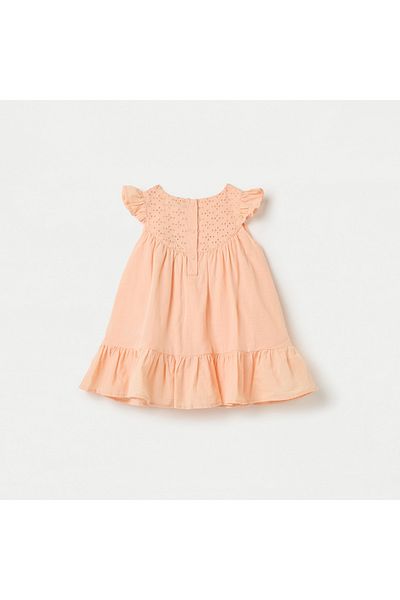 Juniors Schiffli Textured Cap Sleeves A-Line Dress With Snap Button Closure