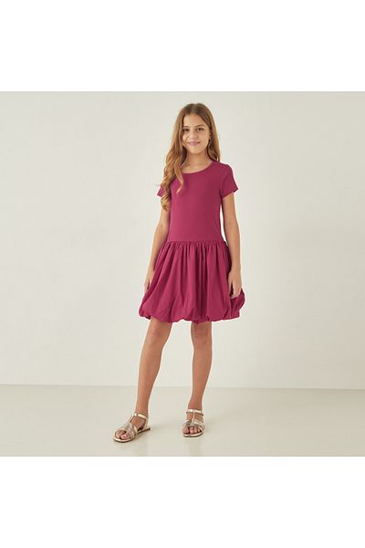 Juniors Ribbed A-Line Dress With Round Neck And Short Sleeves