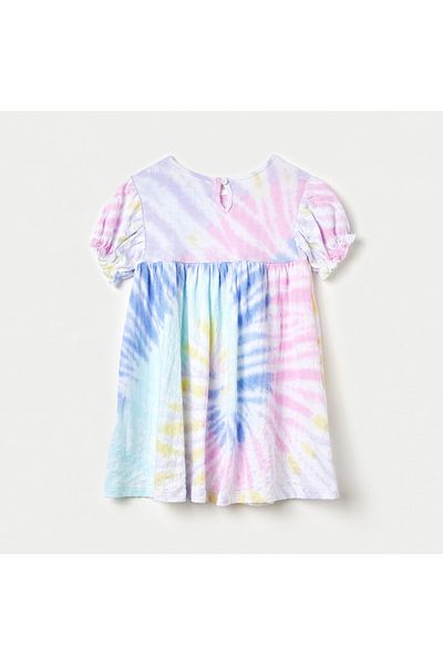Juniors Tie-Dye Print A-Line Dress With Round Neck And Short Sleeves