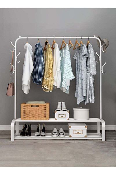 Taimi Heavy Duty Closet Organizer Metal Garment Rack Shoes Storage Hanger Metal 110x35x146cm White