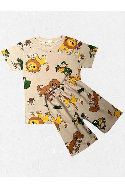 TOFU KİDS Boy's Cotton Beige Color Turtle Safari Patterned Short Sleeve Shorts Summer Pajama Suit