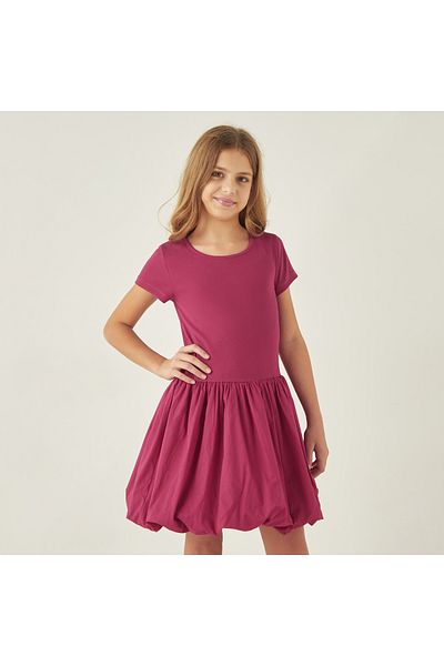 Juniors Ribbed A-Line Dress With Round Neck And Short Sleeves