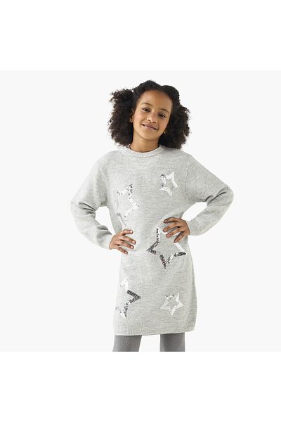 Juniors Star Embellished Sweater Dress With Long Sleeves And Tights