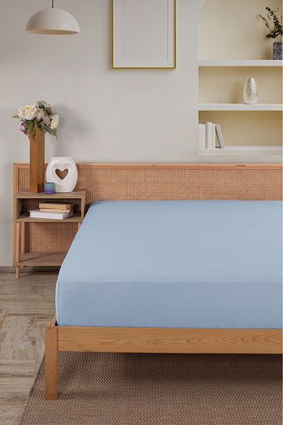Karden Flower Premium 100% Cotton Double Combed Cotton Elastic Sheet - Light Blue