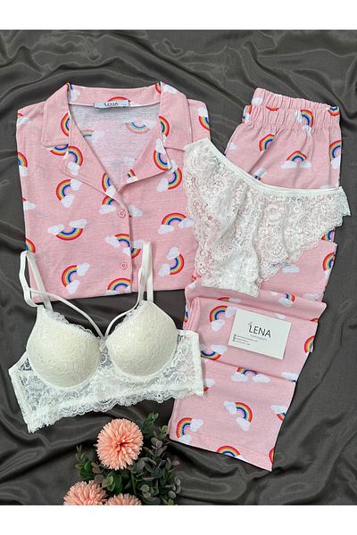 Lena Homewears Γυναικείο σετ πιτζάμες με κοντομάνικο σχέδιο ουράνιο τόξο με εσώρουχα