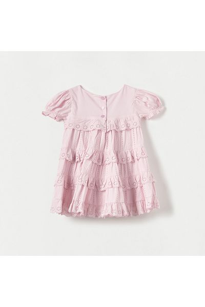 giggles Schiffli Detail A-Line Dress With Short Puff Sleeves And Button Closure